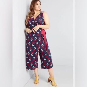 Modcloth Navy Floral-Print Wrap Jumpsuit with Red Sash